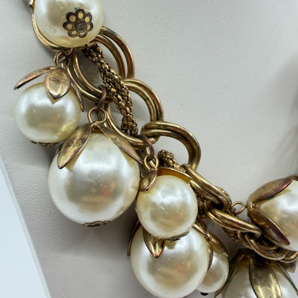 Gold Tone Faux Pearl Cluster Necklace - Boho Chunky Layering Statement - Picture 5 of 13